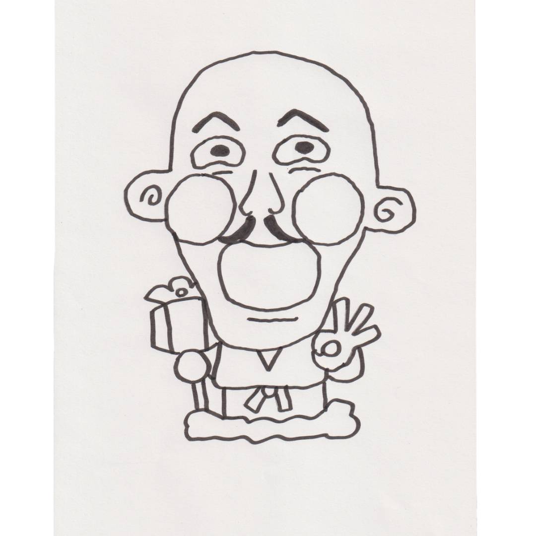 右手に小槌を持つ、体がついた福爺の原画